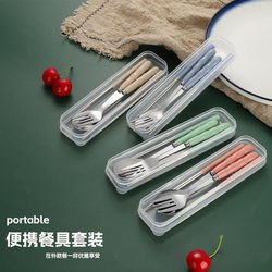 Manufacturer's Popular Bamboo-Style Wheat Portable Cutlery Set, Stainless Steel Spoon, Fork, and Chopsticks, Student/Work Set, ins-Piece Set
