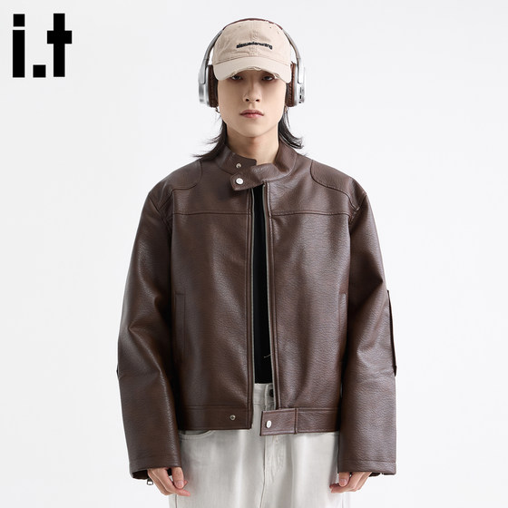 
it:5cm/FIVECM brown pu leather windproof stand collar jacket men's 2025 autumn motorcycle tops
