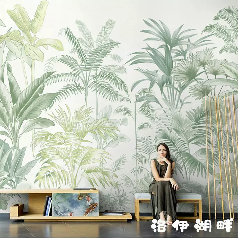欧式热带植物背景墙壁纸3d无缝墙纸定制东南亚风壁纸绿植被
