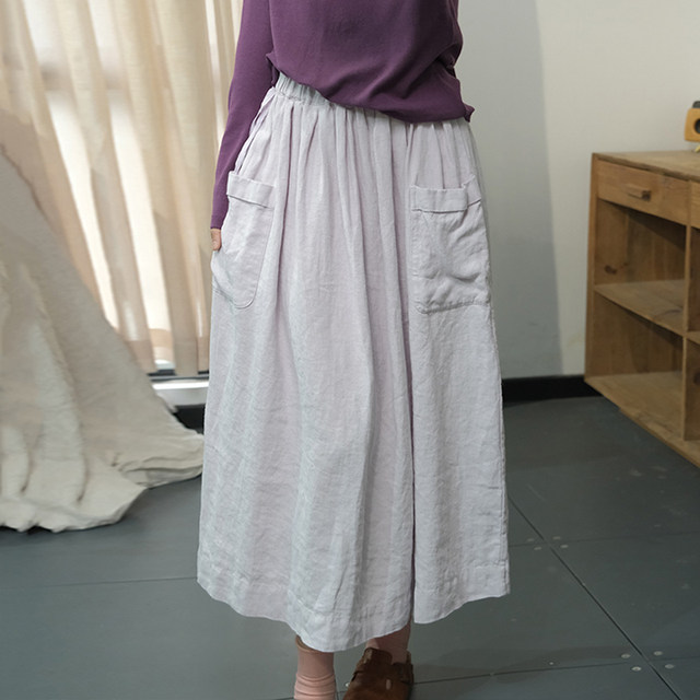 Ancient and color autumn forest women fresh loose large sling midi skirt casual and versatile elastic waist lace-up linen skirt