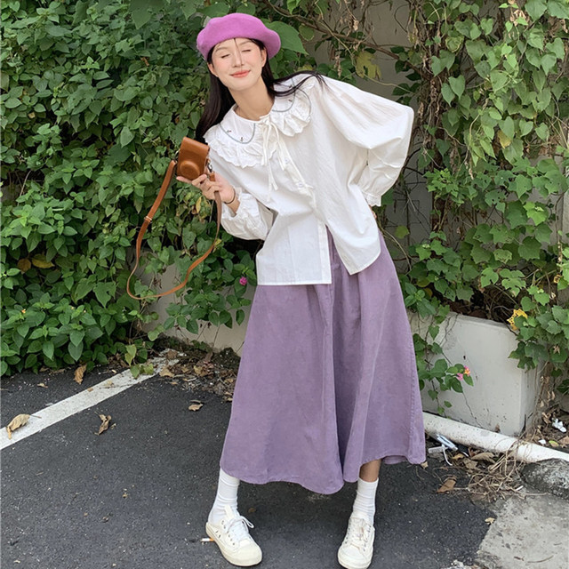Plus size fat girl mm autumn Korean style Japanese corduroy embroidered vest jacket women's loose doll collar shirt