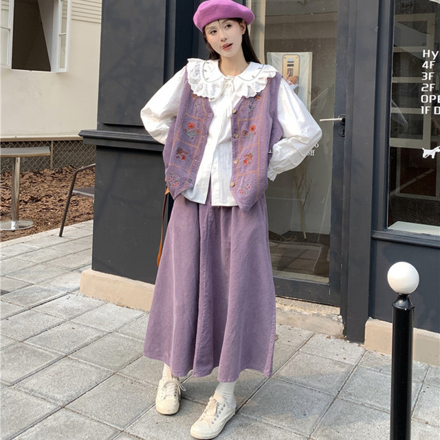 Plus size fat girl mm autumn Korean style Japanese corduroy embroidered vest jacket women's loose doll collar shirt