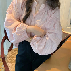 French-Style Pink Striped Elegant Long-Sleeved Shirt, New Spring and Summer Loose Pleated Collar Doll Shirt, Sun Protection Top