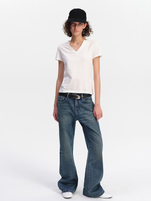 SMIIILE summer thin breathable V-neck cotton linen white top basic versatile fit right shoulder short-sleeved T-shirt for women
