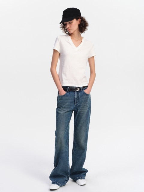 SMIIILE summer thin breathable V-neck cotton linen white top basic versatile fit right shoulder short-sleeved T-shirt for women
