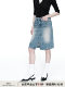 SMIIILE retro light blue wash water and floral hip denim skirt for women in summer low waist slit straight skirt