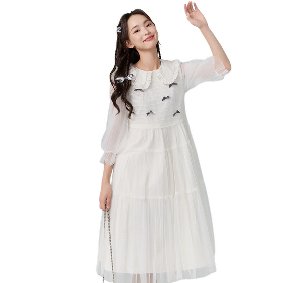 
Zihan fake two-piece mesh dress for women's autumn new casual sweet white lapel high waist midi skirt