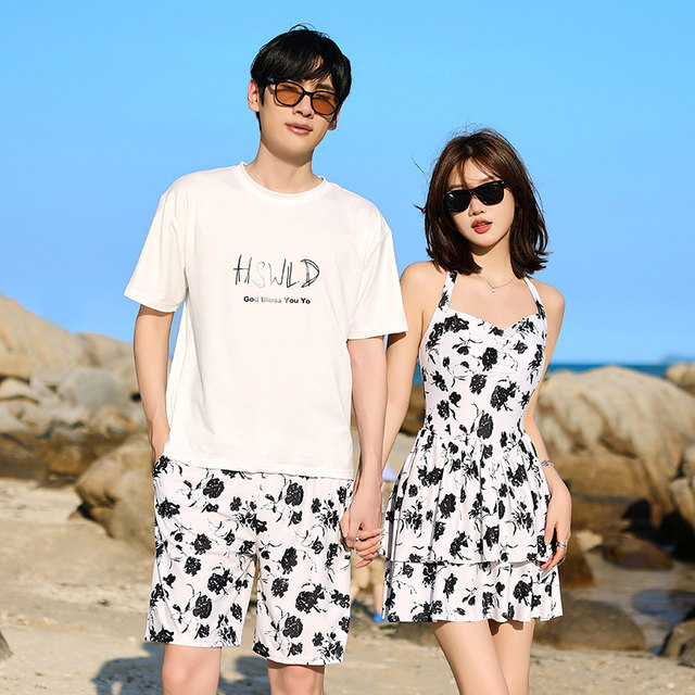 New couple swimsuit, female one-piece skirt, boxer angle, slimming, belly-covering, slightly fat, off-shoulder, men's beach trunks, vacation swimwear