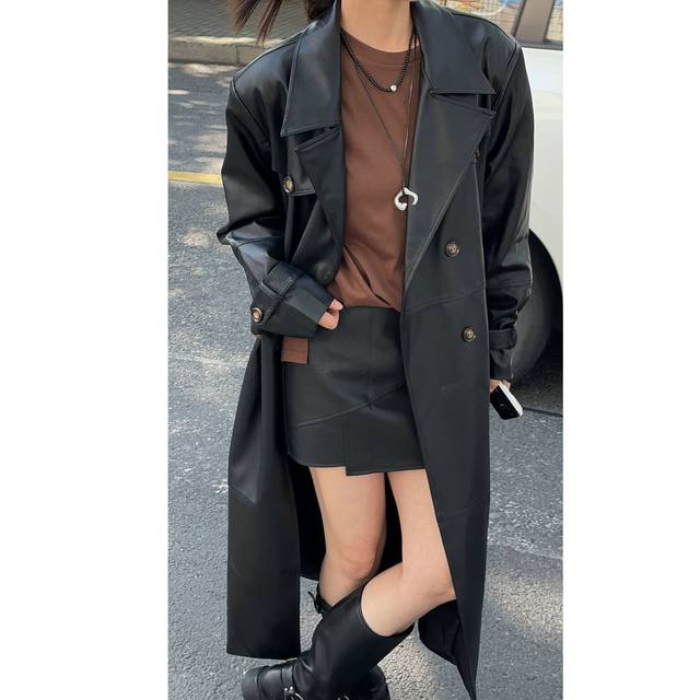 Spring women's loose black long leather windbreaker spring and autumn temperament retro motorcycle suit
