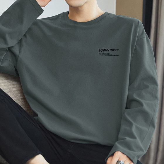 
260g heavy pure cotton long-sleeved T-shirt men's round neck top American fashion printed inner-match cotton base shirt