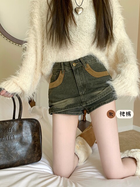 Retro old denim skirt for women with large size fat mm high waist slim hip A-line short skirt for small and versatile
