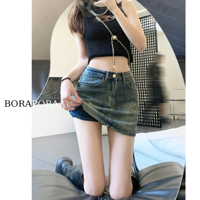 Retro old denim skirt for women 2024 summer new hot girl high waist large size versatile hip skirt