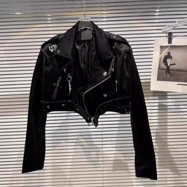 High-end Internet celebrity same style back embroidered lace-up leather jacket for women 2025 Spring and Spring New Hot Girls Motorcycle Short Jacket
