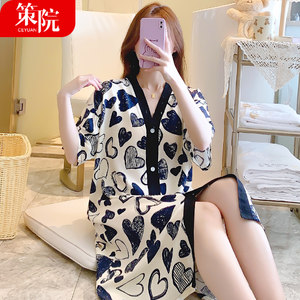 
Summer women's short-sleeved cotton silk nightgown loose cardigan artificial cotton dress pajamas cotton home clothes plus size
