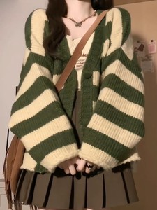 
Thickened version! Lazy style striped contrasting sweater cardigan women's jacket 2025 autumn new loose knitted sweater trend
