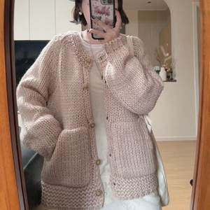 
High-end pink! Lazy style single-breasted thick-knit sweater cardigan for women's spring new loose long-sleeved sweater jacket