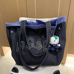 Super Japanese Style! Simple Embroidered Denim Canvas Bag for Women, 2026 New Model, Large Capacity Student Shoulder Tote Bag