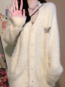 
Oversize! Soft and glutinous white mink sweater cardigan women's jacket autumn new loose knitted sweater top