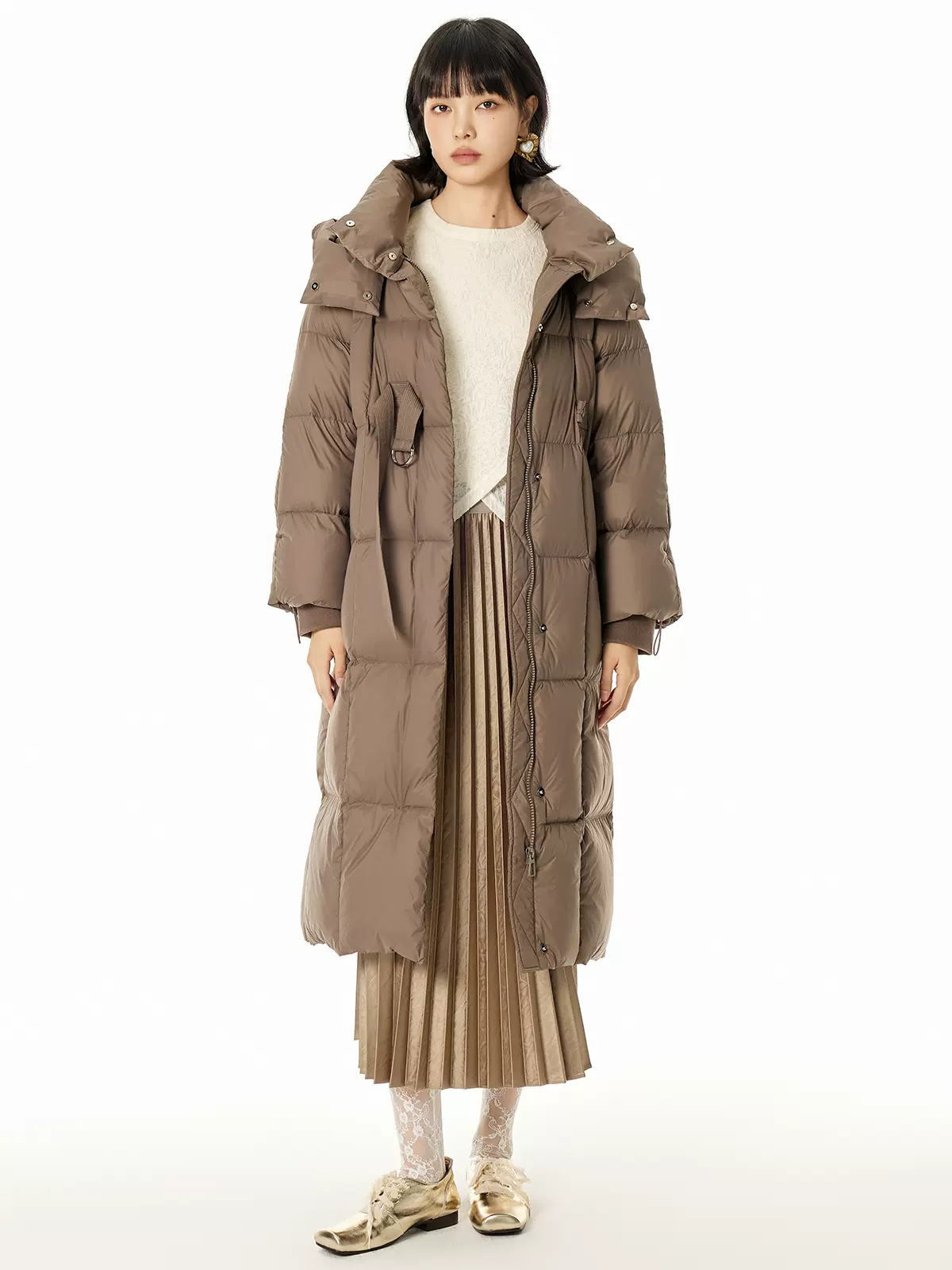 森林鸟简约宽松长款连帽羽绒服女装冬季新款2024时尚加厚保暖外套