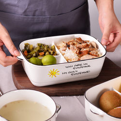 Rectangular Cartoon Ceramic Lunch Box with Three Compartments, Multi-Compartment Ceramic Bowl with Lid, Bento Box, Microwaveable, Take-Out Meal Box