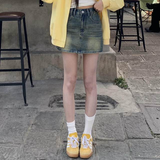 3MER Oh, the three girls American retro washing and old denim skirt for women, versatile A-line short skirt, high-waisted skirt