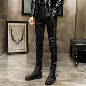 Spring and autumn black men's leather pants slim denim stitching ride leather pants male plus velvet thickened handsome car pants
