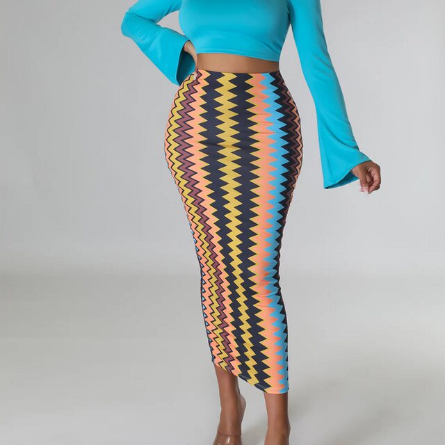 European and American new women's clothing 2025 rainbow print slim high waist elastic skirt mid-length hip-cover skirt tight