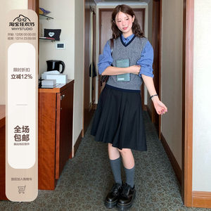 
WHYSTUDIO sweet and cool Japanese design classic academy style versatile black pleated mid-skirt A-line skirt