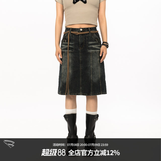 BLACKBB/American retro old denim skirt for women loose slim A-line skirt design niche short skirt