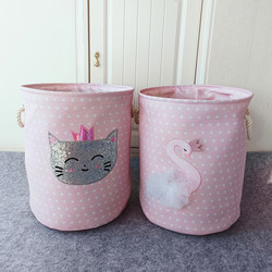 Ins-Style Pink Swan Fabric Children's Toy Storage Bucket Plush Doll Storage Basket Dirty Clothes Bin Box Blue