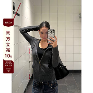 
F383 American retro zippered hoodie slim body jacket knitted cardigan slim and versatile sweater jacket for women