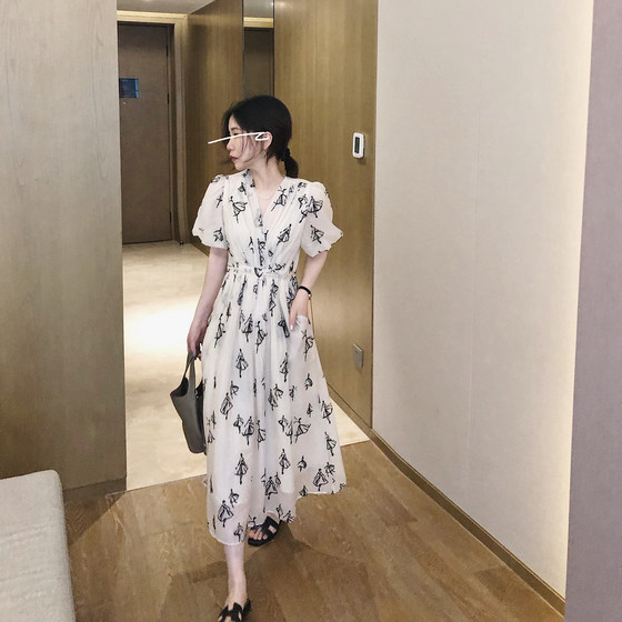 
Misslady French printed high waist commuting design style fashionable fairy retro v-neck dress mid-length