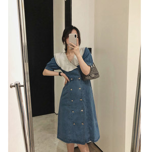 
misslady Korean French short-sleeved commuting high waist a-line skirt lotus leaf collar retro slim denim dress