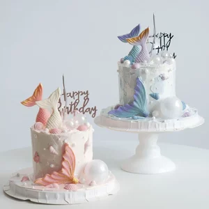 
Blue pink purple ocean theme beautiful cake decoration table decoration gold blue spray paint fish tail dress