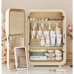 Cosmetic Storage Box, Desktop High-End Dust-Proof Box with Mirror, Large Capacity Lipstick, Powder Puff, Skin Care Product Storage Rack