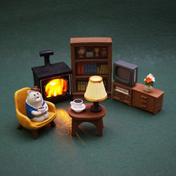 Japanese Zakka Cat Miniature Scene Dollhouse Furniture Sofa Atmosphere-Enhancing Glowing Fireplace Wall Lamp Ornament Car Accessory