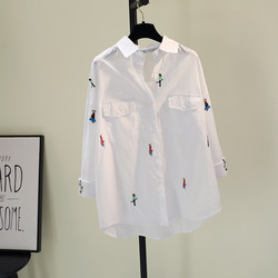 European-Style Embroidered Cartoon Thin White Shirt for Women, 2025 Summer Korean-Style Artistic Loose Casual Shirt Top