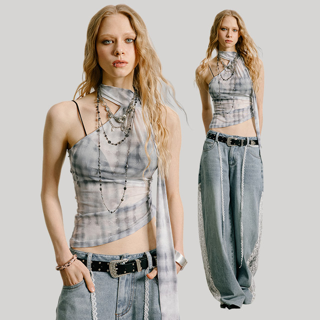 
USS hot girl suspender vest for women in summer pleated plaid splicing design waist-hugging and slimming neck streamer top