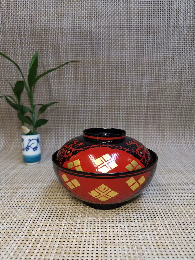 日本回流原装进口大漆树脂漆器描金花纹盖碗汤碗日式餐具餐碗餐饮 