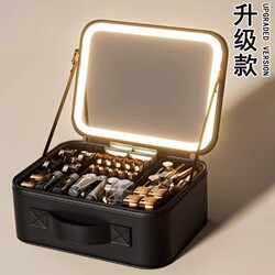 Led Makeup Bag for Women, Portable Large-Capacity Makeup Brush Case, Partitioned Beauty Bag, Travel Makeup Mirror