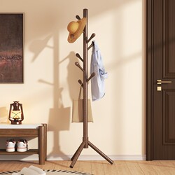 Solid Wood Floor-Standing Clothes Rack for Bedroom, Thickened Trendy Coat Rack, Indoor Household Simple Bag Hanging and Storage Rack