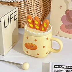 Cute Mug Cup for Home Use, Ceramic Cup for Drinking Water, Office Mug with Lid and Spoon, Coffee Cup, Birthday Gift for Women, Bread