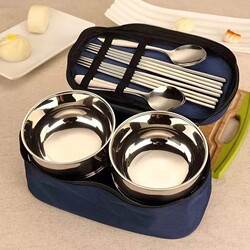 304 Outdoor Picnic Bag Portable Bowl, Chopsticks, Spoon and Cutlery Set Outdoor Double-Layer Insulated Anti-Scald Bowl Travel Tableware