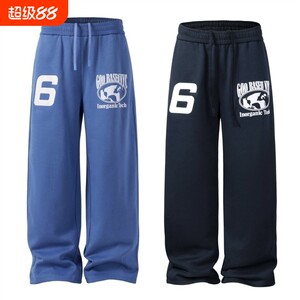 
American printed blue straight sports trousers for men and women in spring and summer lazy loose casual fitness sweatpants navy blue