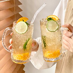 Glass Cup with Handle, Ins-Style, Summer Household Drinking Cup, Beer Cup, Juice Cup, Cold Drink Cup, Frosted Single-Layer