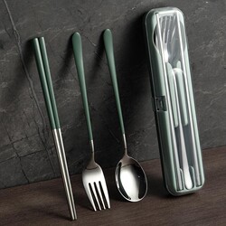 304 Stainless Steel Chopsticks, Spoon, and Fork Set, Three-Piece Set for Students, Single-Person Use, Portable Cutlery Box