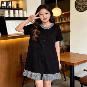 
Tianmi extra large size women's summer wear fat mm300*0.5kg fat sister little black skirt plaid splicing loose dress