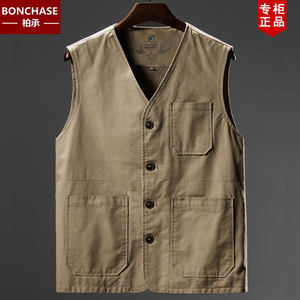 Middle-aged and elderly vest men's spring and autumn pure cotton large size vest daddy wear multi-pocket thin casual horse clip outside vest
