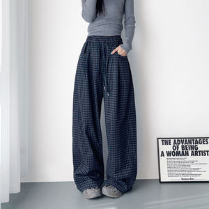 
Large size retro plaid loose wide-leg pants for women in autumn new fat mm slimming and covering high waist drooping sports pants