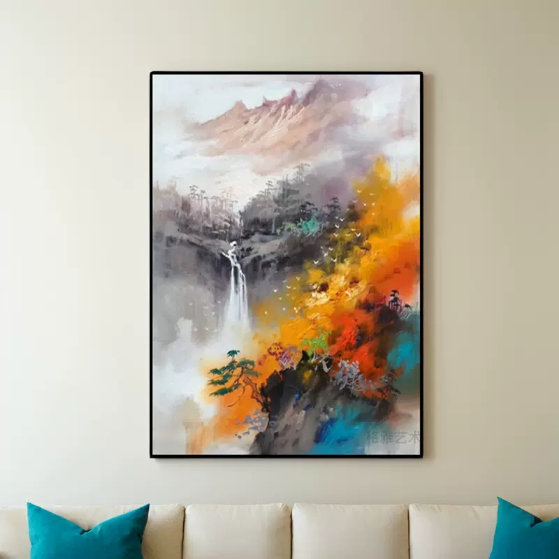 抽象山水油画纯手绘玄关客厅挂画风景装饰画艺术新中式轻奢竖版